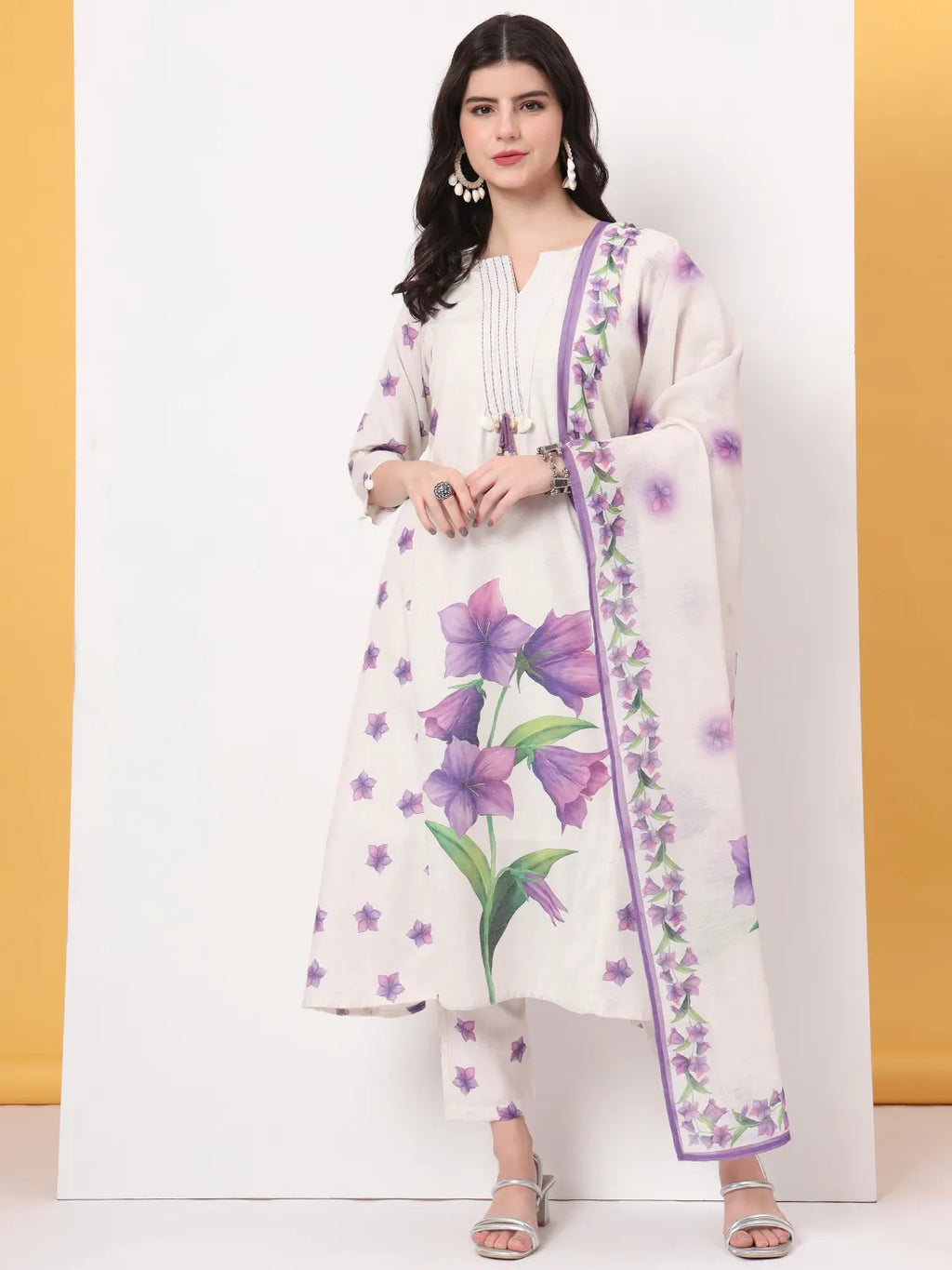 Yufta White Linen Cotton A Line Kurta Dupatta Pant Set | Grocsy