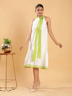 BohoJazz White linen Chic Dress with Lime Detailing | Grocsy