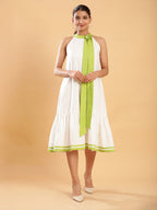 BohoJazz White linen Chic Dress with Lime Detailing | Grocsy