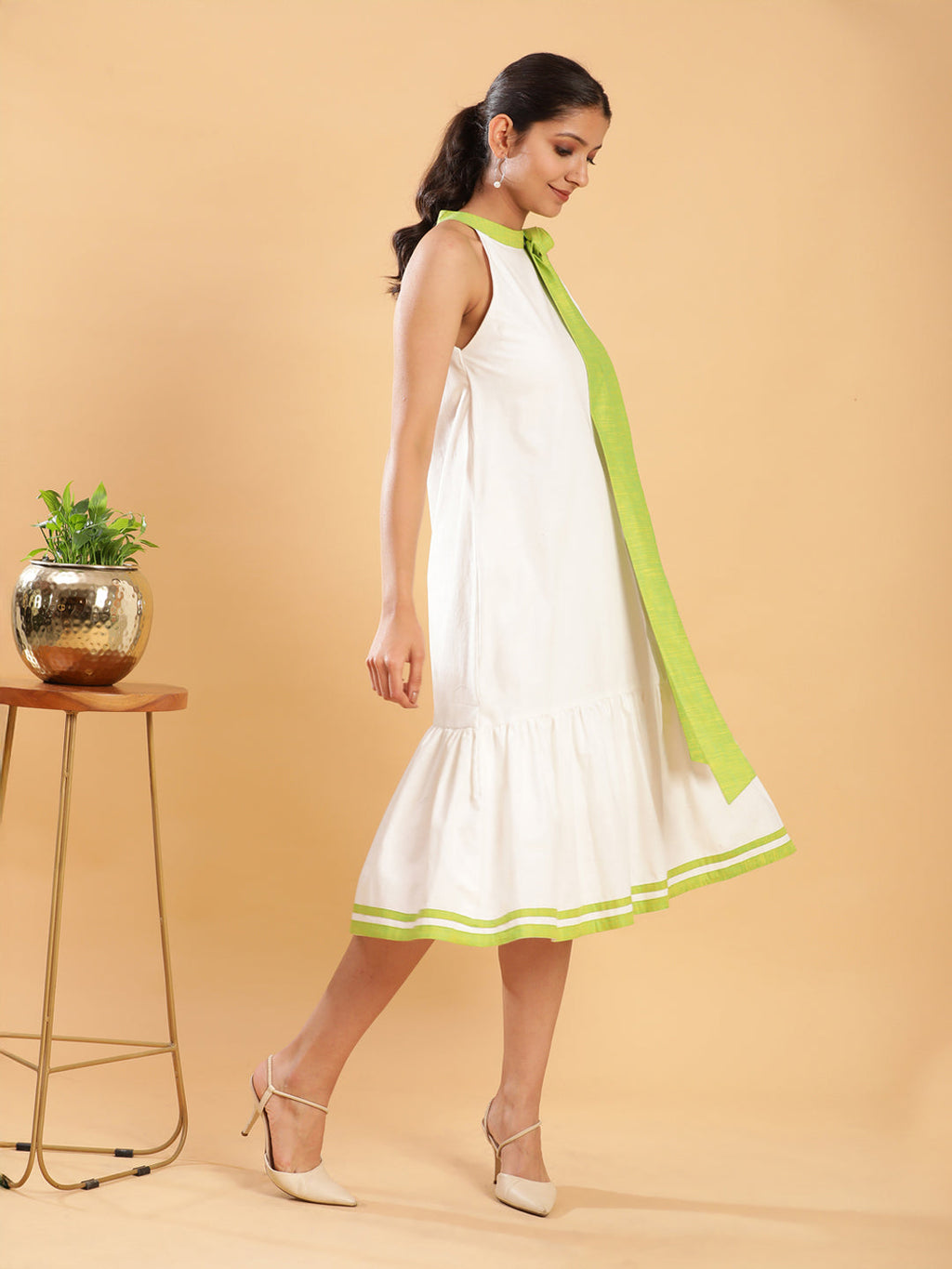 BohoJazz White linen Chic Dress with Lime Detailing | Grocsy