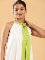 BohoJazz White linen Chic Dress with Lime Detailing | Grocsy