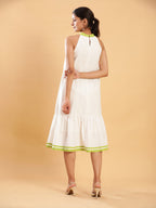 BohoJazz White linen Chic Dress with Lime Detailing | Grocsy