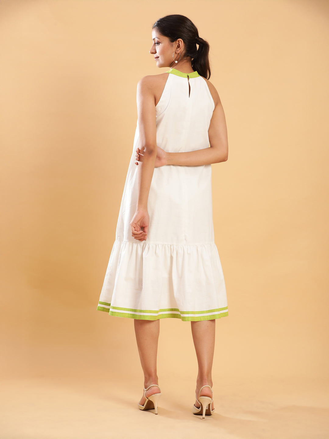 BohoJazz White linen Chic Dress with Lime Detailing | Grocsy