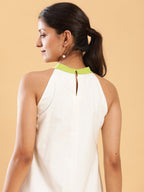 BohoJazz White linen Chic Dress with Lime Detailing | Grocsy