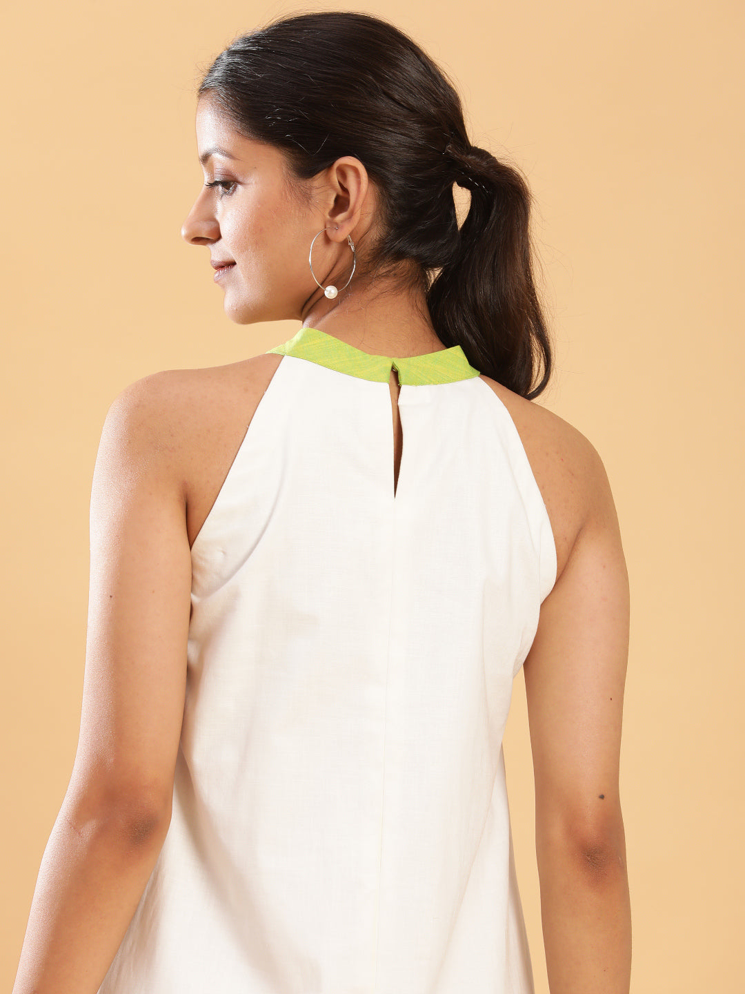 BohoJazz White linen Chic Dress with Lime Detailing | Grocsy
