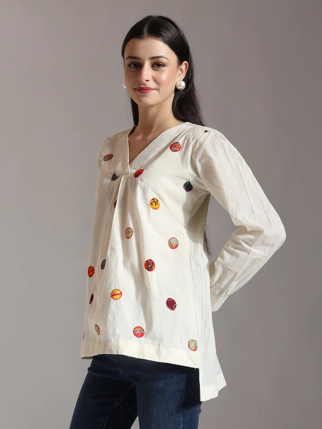 Yufta White Pure Cotton Applique Work Top | Grocsy