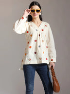 Yufta White Pure Cotton Applique Work Top | Grocsy