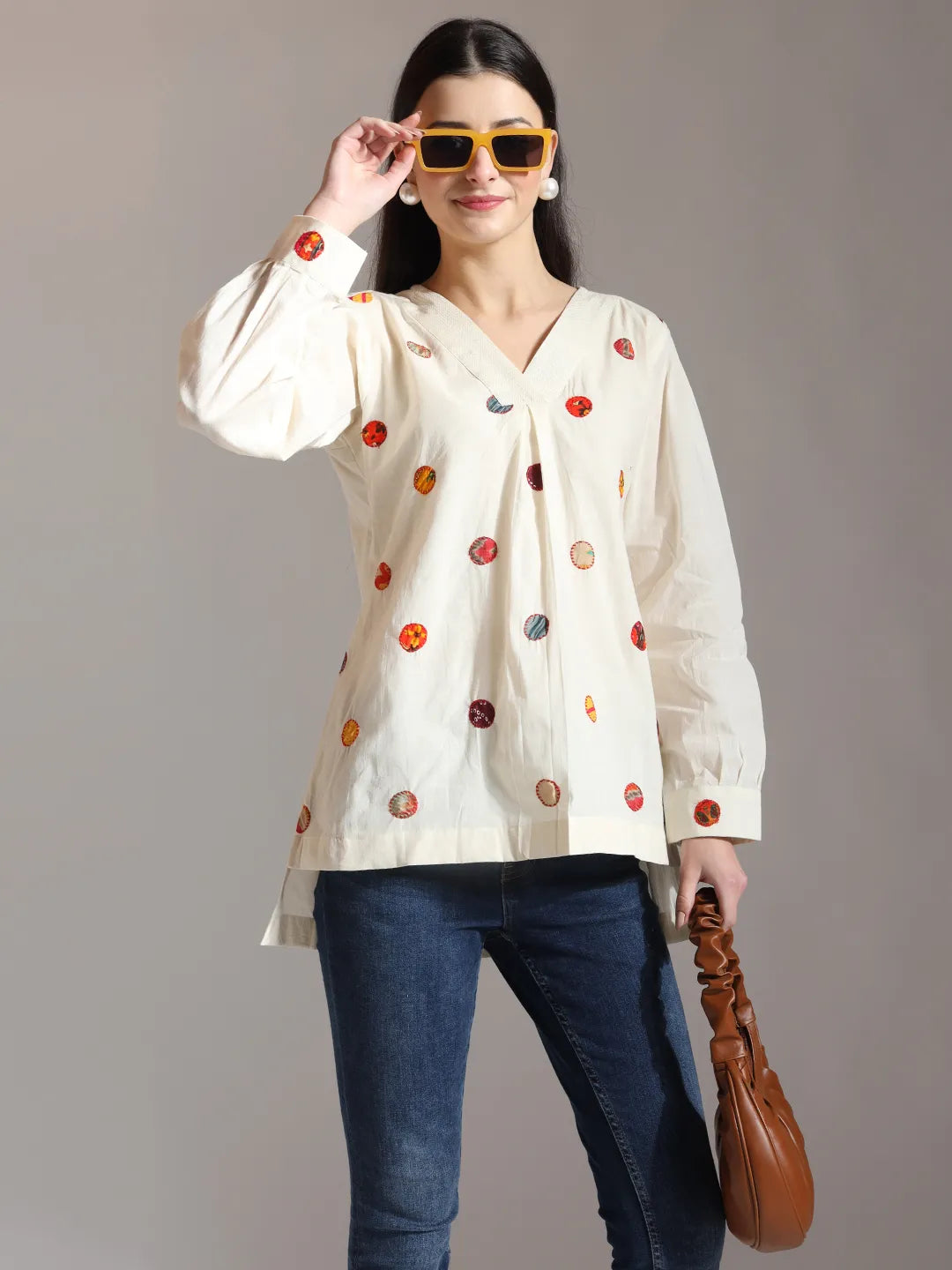 Yufta White Pure Cotton Applique Work Top | Grocsy