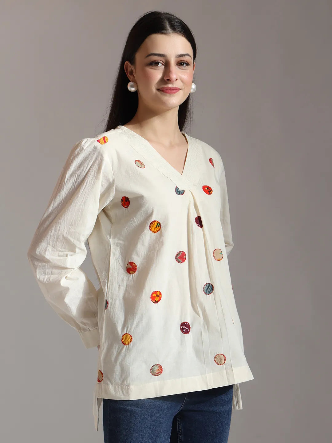 Yufta White Pure Cotton Applique Work Top | Grocsy