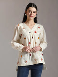 Yufta White Pure Cotton Applique Work Top | Grocsy