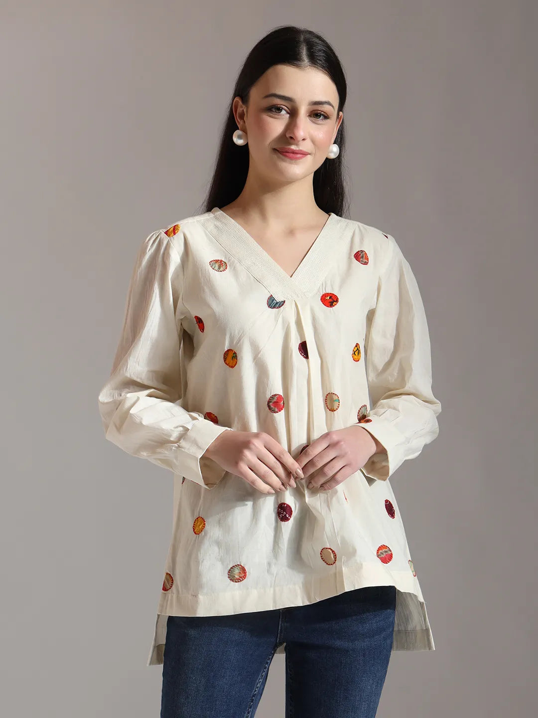Yufta White Pure Cotton Applique Work Top | Grocsy