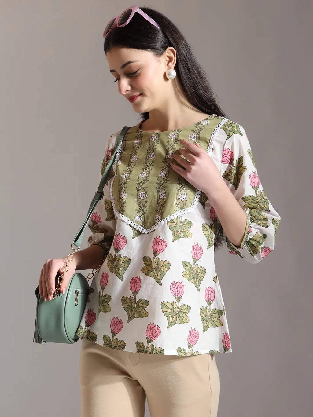Yufta White Pure Cotton Top With Lace Detailings | Grocsy