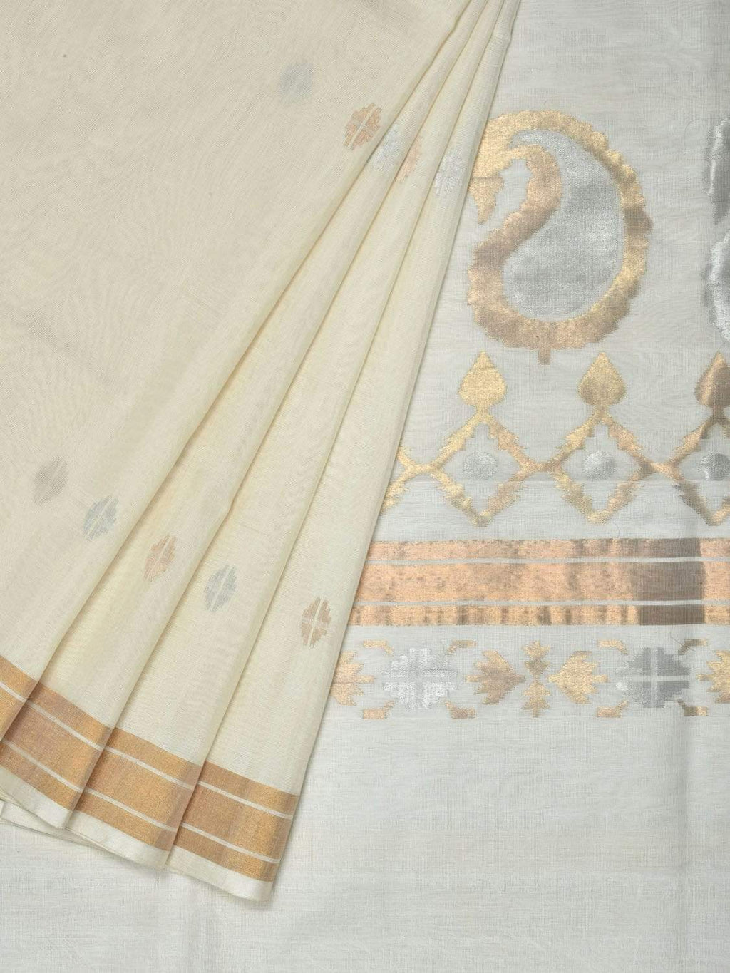 White Uppada Cotton Handloom Saree with Mango Design Pallu - Global Threads | Grocsy