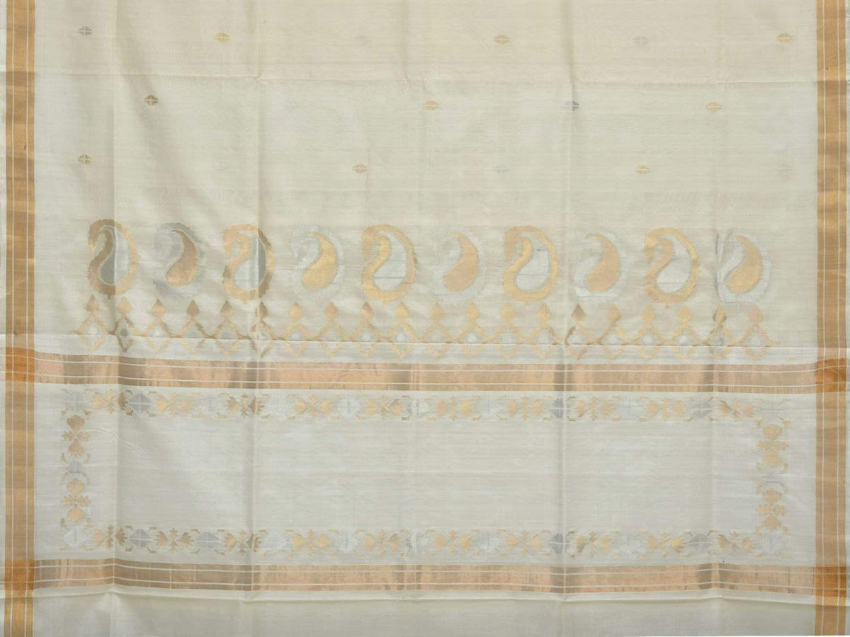 White Uppada Cotton Handloom Saree with Mango Design Pallu - Global Threads | Grocsy