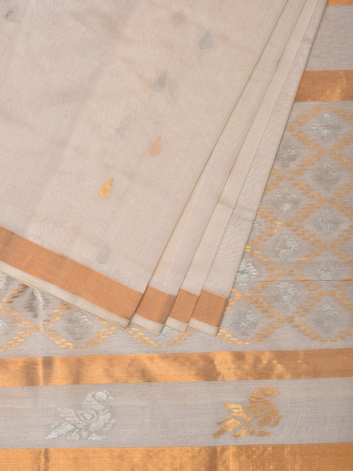 White Uppada Cotton Silk Handloom Saree with Hamsa Pallu Design - Global Threads | Grocsy