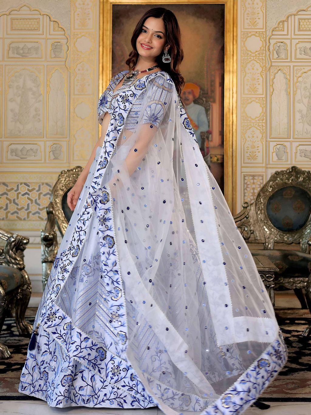 Tulsi Art Graceful White Satin Thread Embroidered Party Wear Lehenga Choli | Grocsy