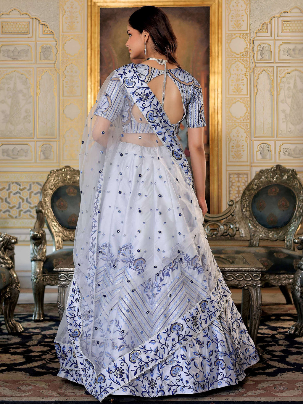 Tulsi Art Graceful White Satin Thread Embroidered Party Wear Lehenga Choli | Grocsy