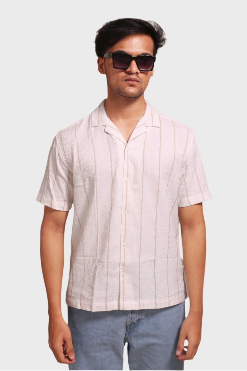 Jonesburg Men's White Beige Stripes Textured Relaxed Fit Shirt | Grocsy