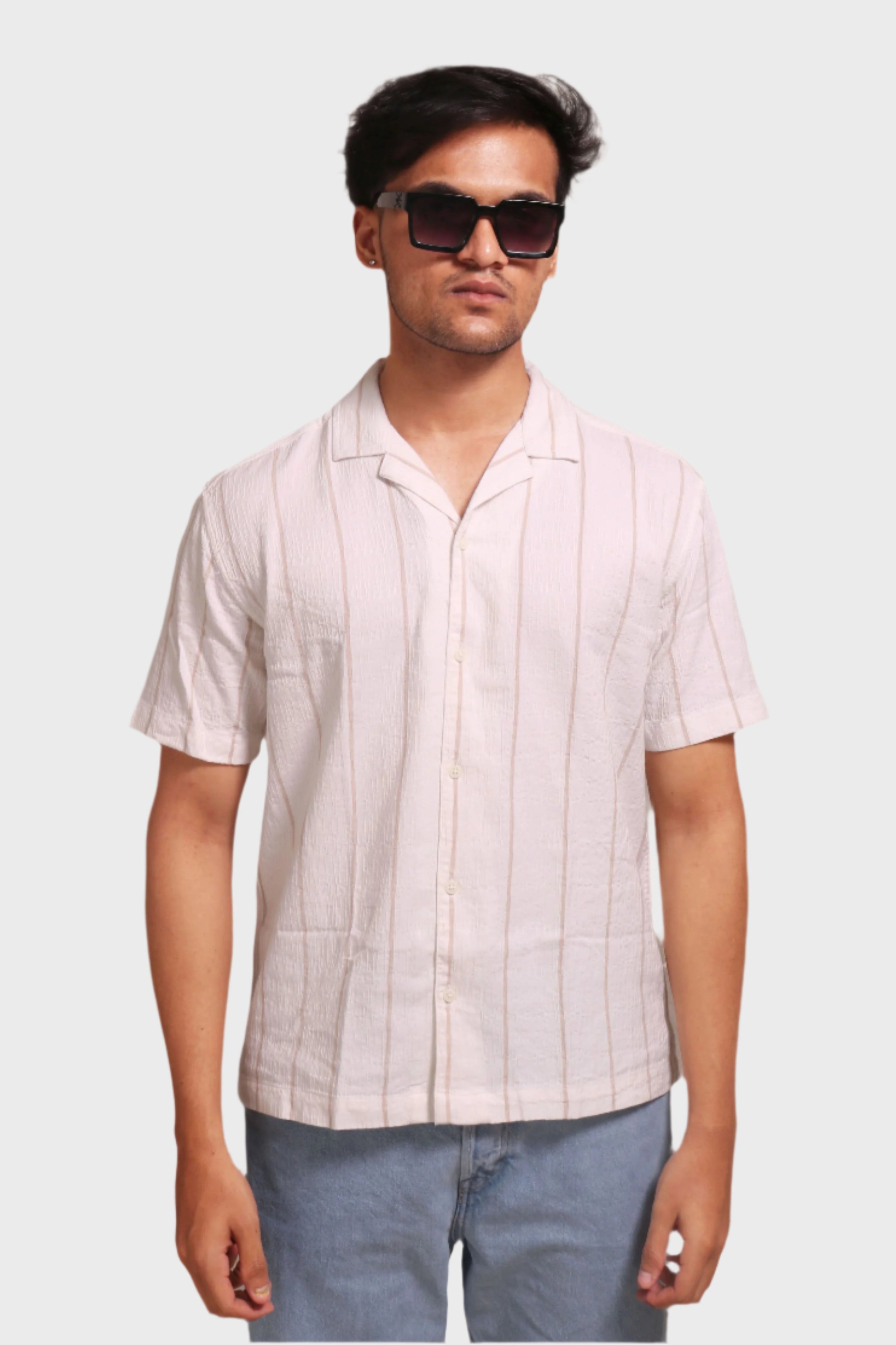 Jonesburg Men's White Beige Stripes Textured Relaxed Fit Shirt | Grocsy