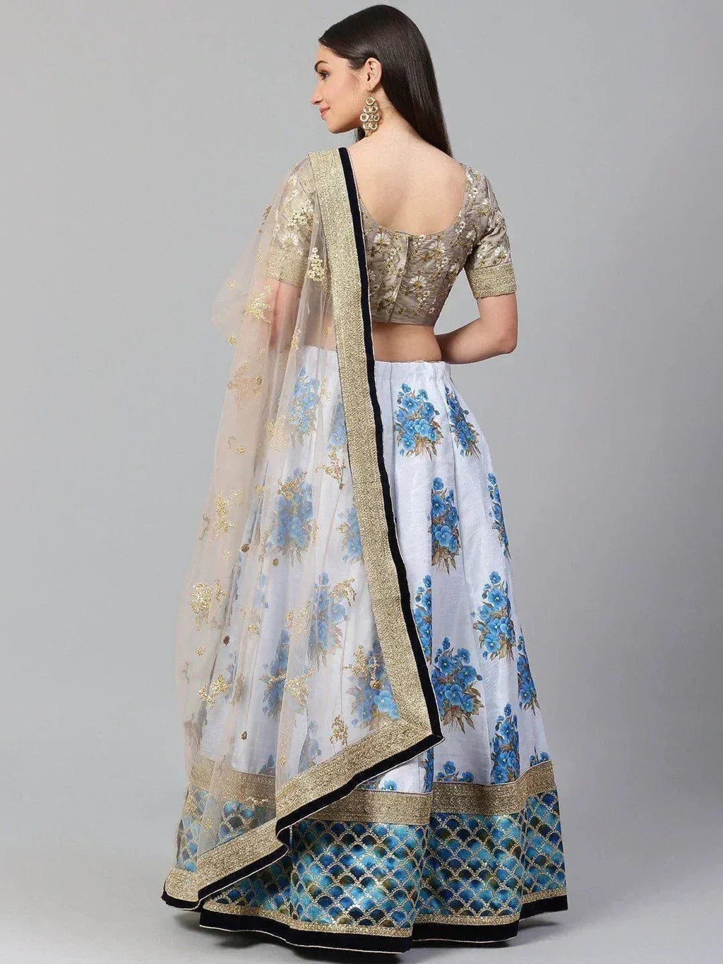 Tulsi Art White & Taupe Embroidered Semi-Stitched Myntra Lehenga & Unstitched Blouse With Dupatta | Grocsy