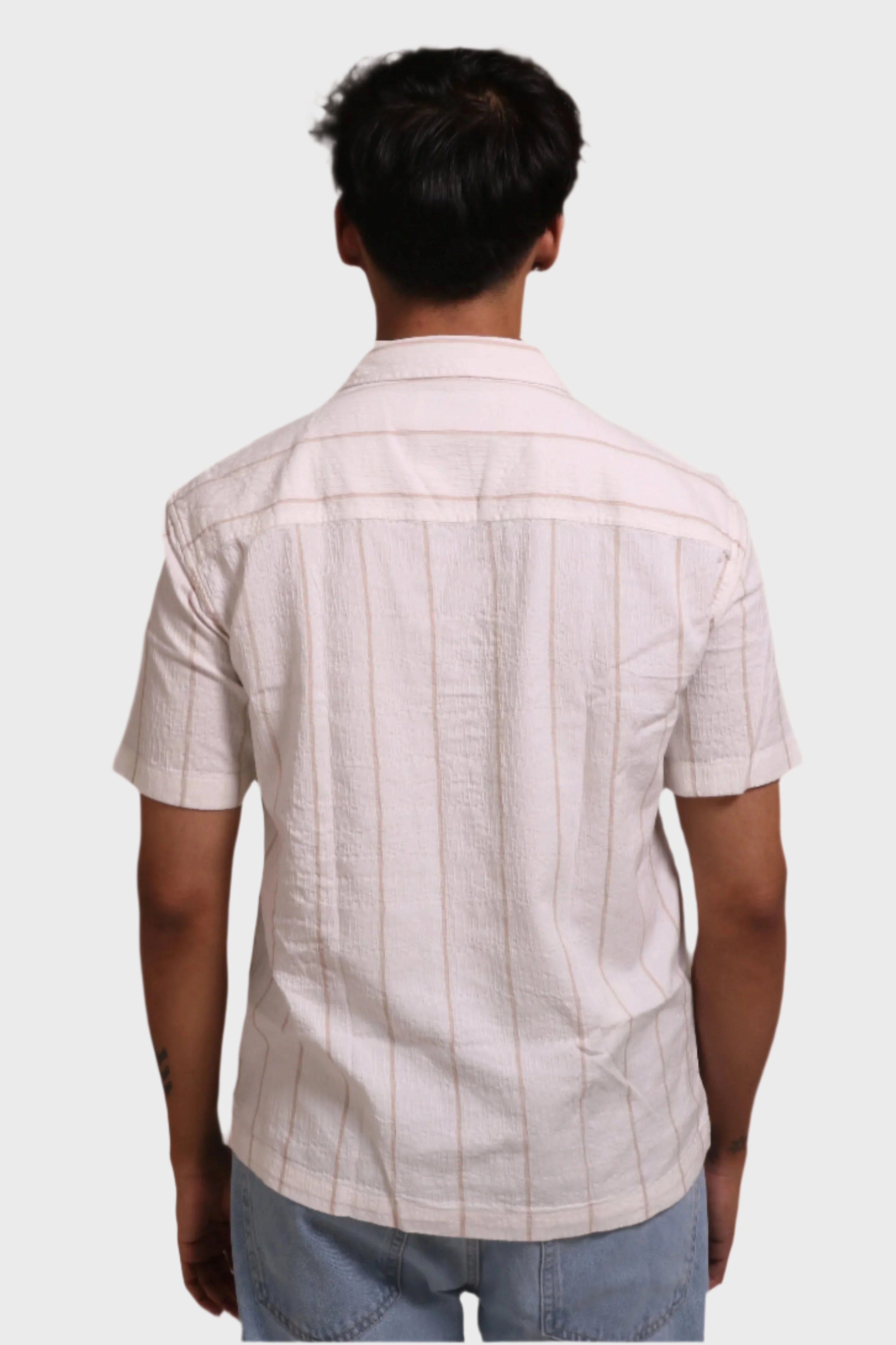 Jonesburg Men's White Beige Stripes Textured Relaxed Fit Shirt | Grocsy