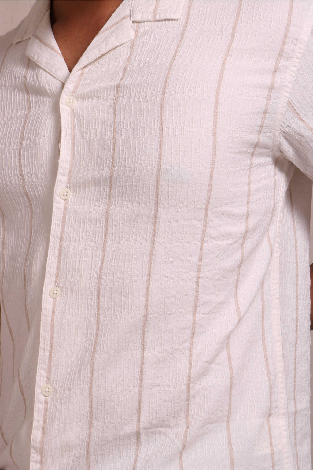 Jonesburg Men's White Beige Stripes Textured Relaxed Fit Shirt | Grocsy
