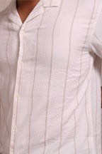 Jonesburg Men's White Beige Stripes Textured Relaxed Fit Shirt | Grocsy