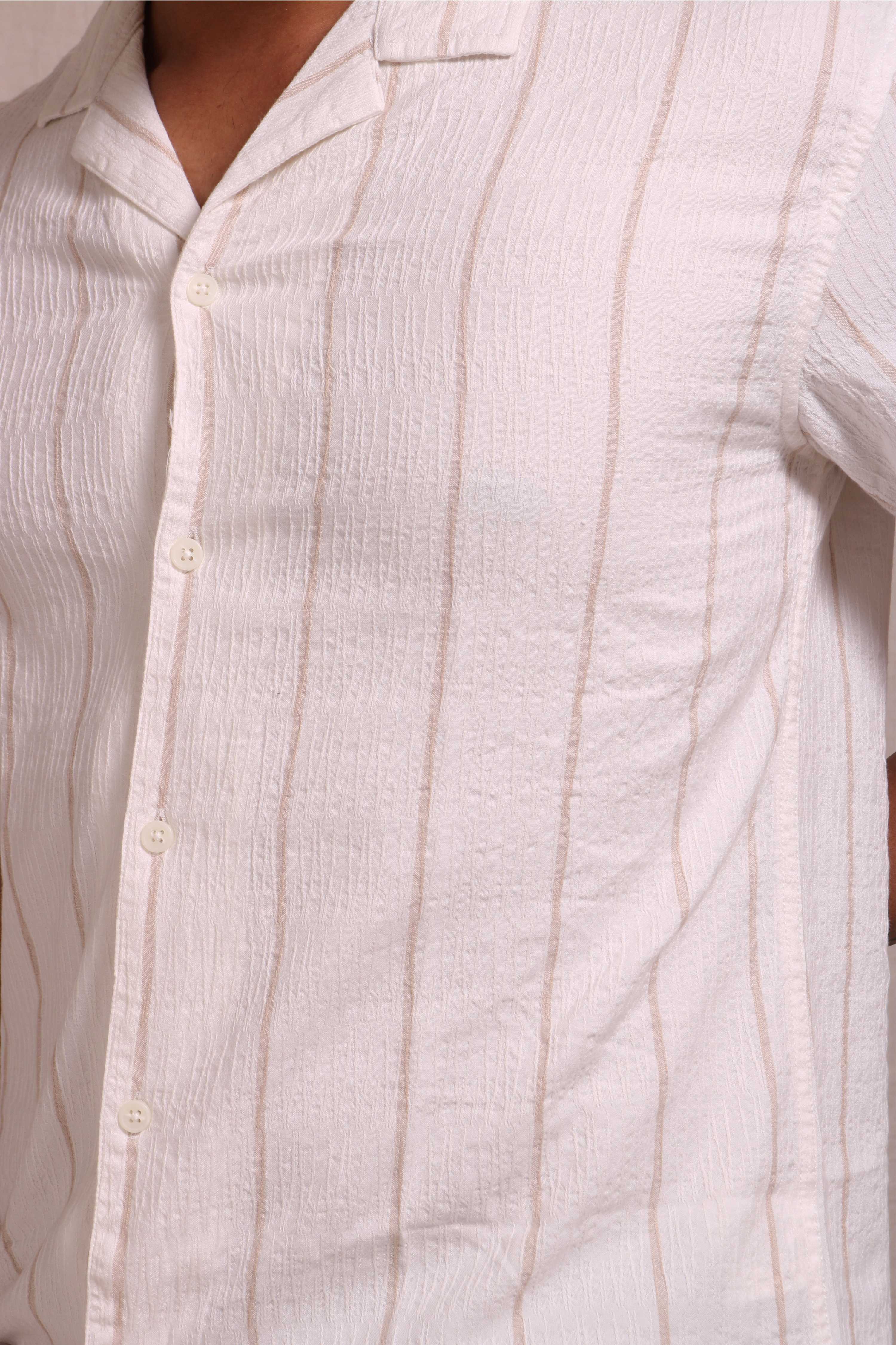 Jonesburg Men's White Beige Stripes Textured Relaxed Fit Shirt | Grocsy