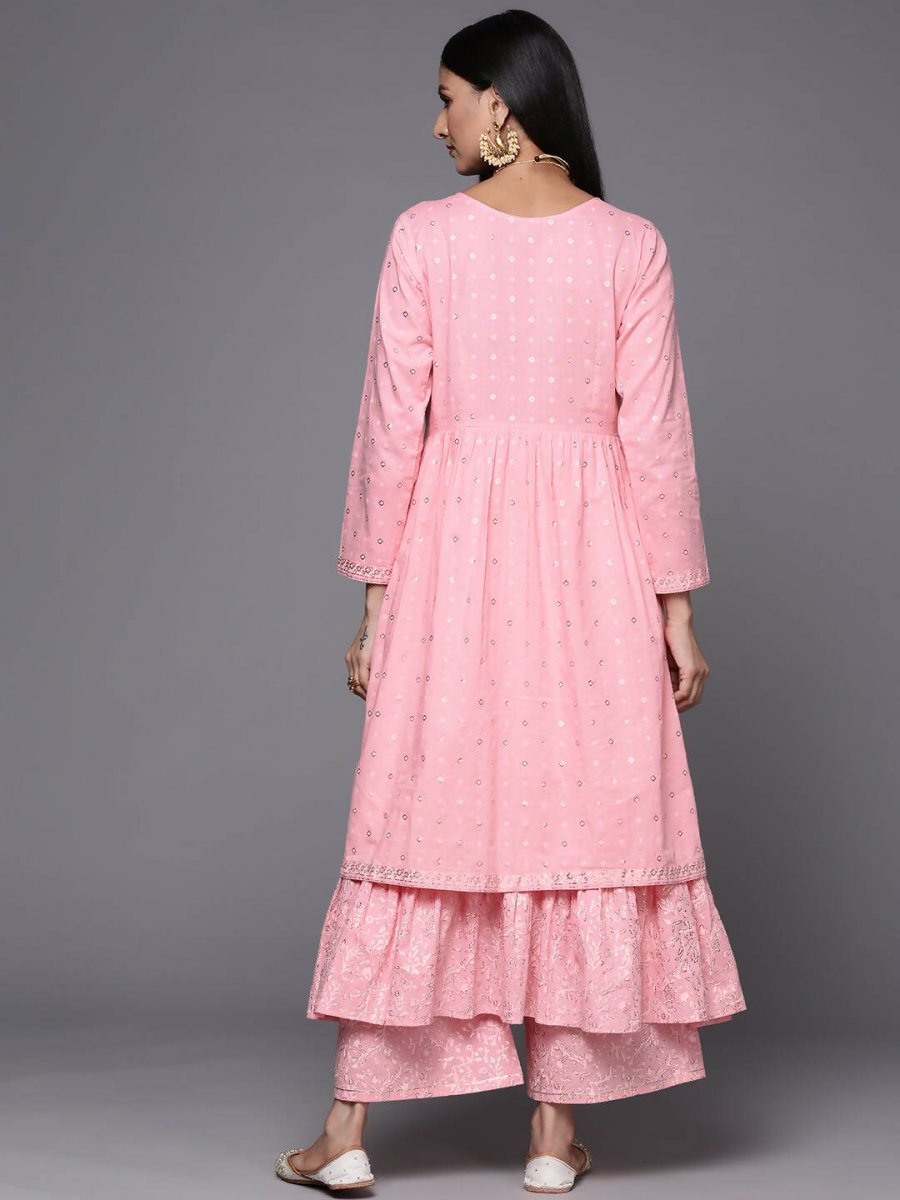 Ahalyaa Pink & Gold Ethnic Printed Layered Front Slit Cotton Anarkali Kurta Palazzos | Grocsy