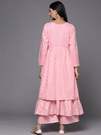 Ahalyaa Pink & Gold Ethnic Printed Layered Front Slit Cotton Anarkali Kurta Palazzos | Grocsy