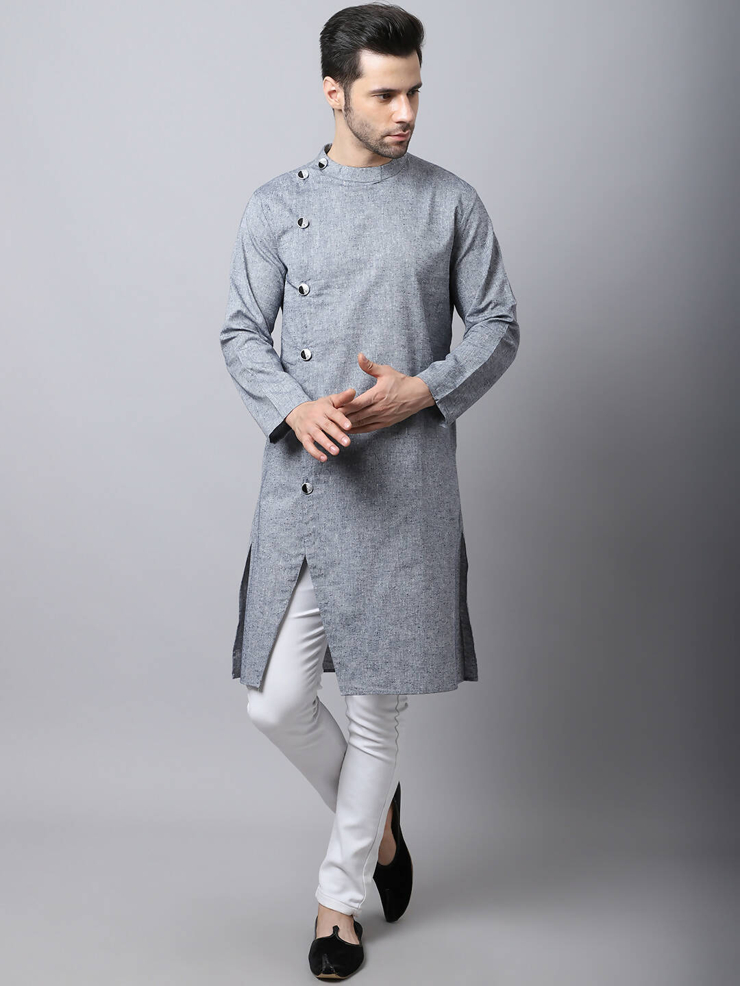 Even Apparels Grey Pure Cotton Sherwani Men's Kurta With Asymetrical Cut | Grocsy