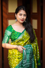 Green Jute Silk Printed Saree with Unstitched Blouse - Hiral Fashion | Grocsy