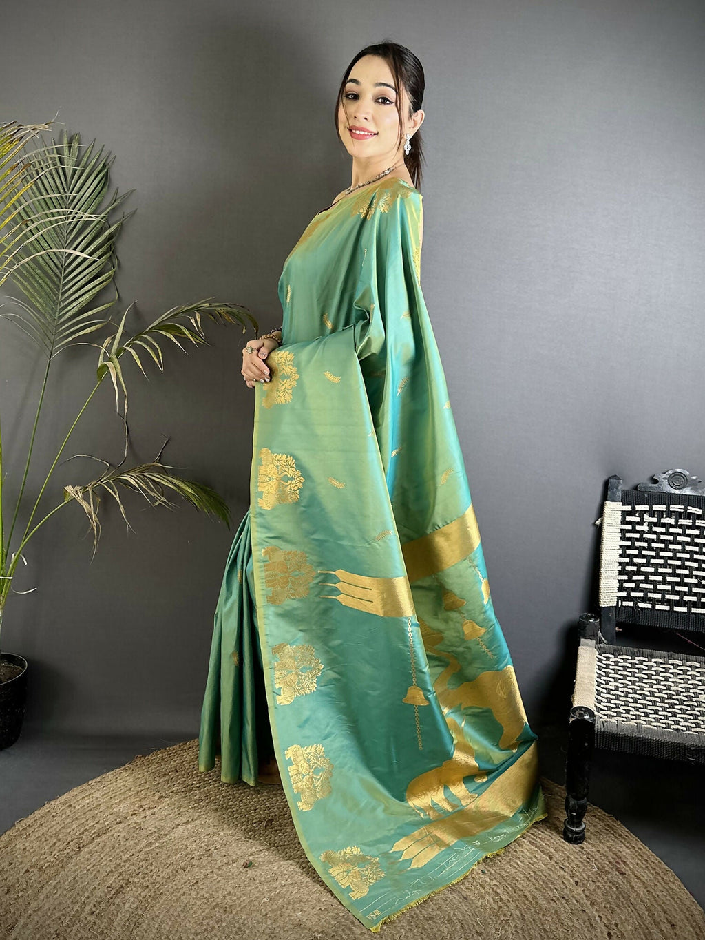 Joban Fashion Sea Green Motifs Zari Weaving Soft Silk Banarasi Saree | Grocsy