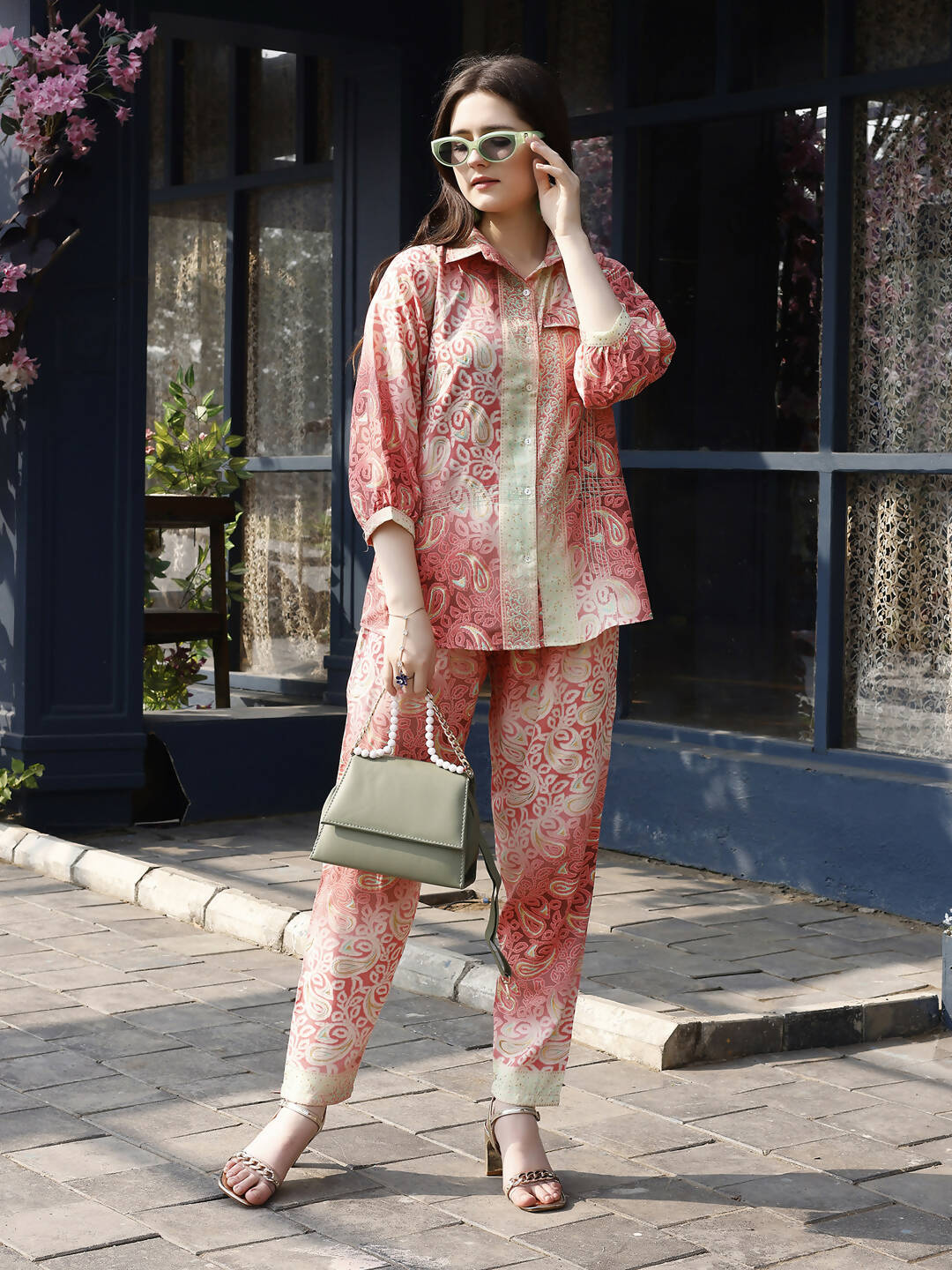 Red & Cream Rayon Paisley Printed Top with Matching Bottom - Eesha | Grocsy