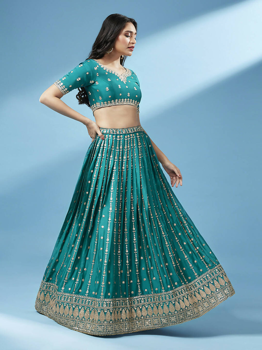 House of Panchhi Green Pure Georgette Sequins Embroidered Lehenga | Grocsy