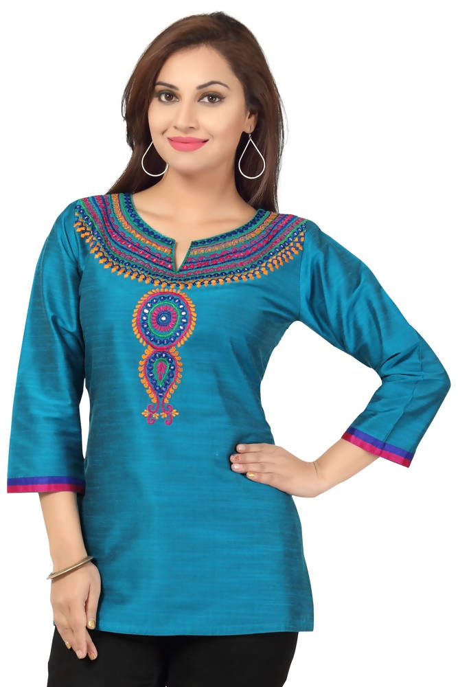 Snehal Creations The New Age Ethnicity Turquoise Blue Women Short Kurta | Grocsy