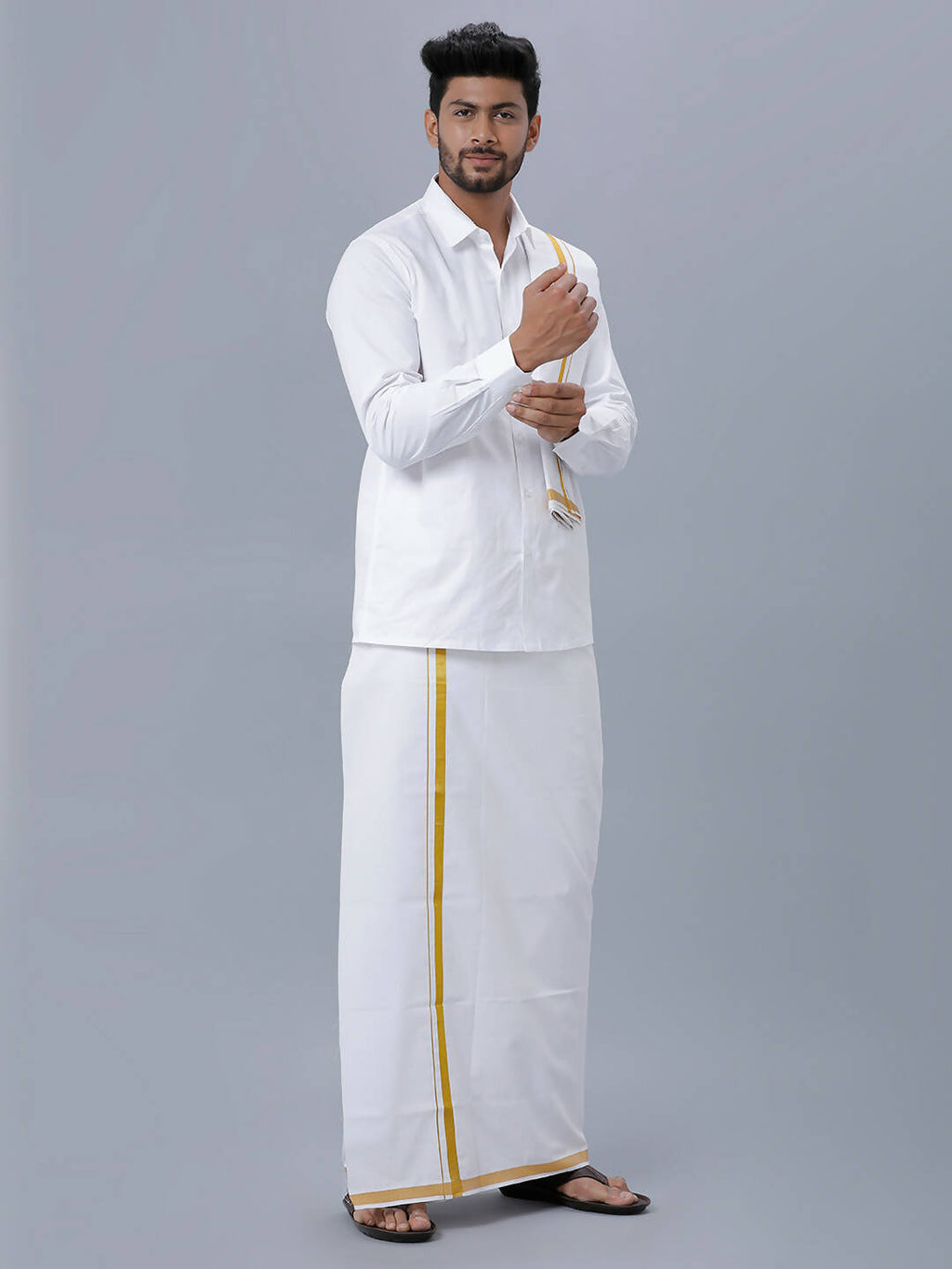 Ramraj Cotton Premium Wedding White Readymade Dhoti, Shirt & Towel Set Dhanvanthri | Grocsy