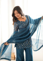 Teeya Creation Teal Blue Embroidered Short Kurti Sharara Suit Set With Dupatta | Grocsy