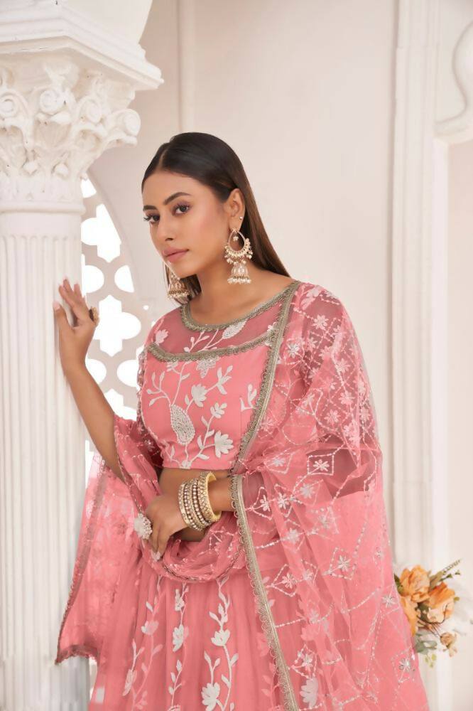 Aastha Fashion Gajari Butterfly Net White Cotton Thread Work, Zari Work And Sandwich Sequence Work Embroidery Wedding Wear Lehenga Choli | Grocsy