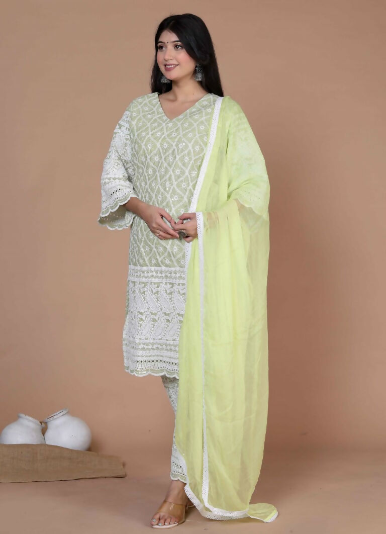 Miravan Women's Chikankari Embroidery Kurta And Palazzo With Dupatta | Grocsy