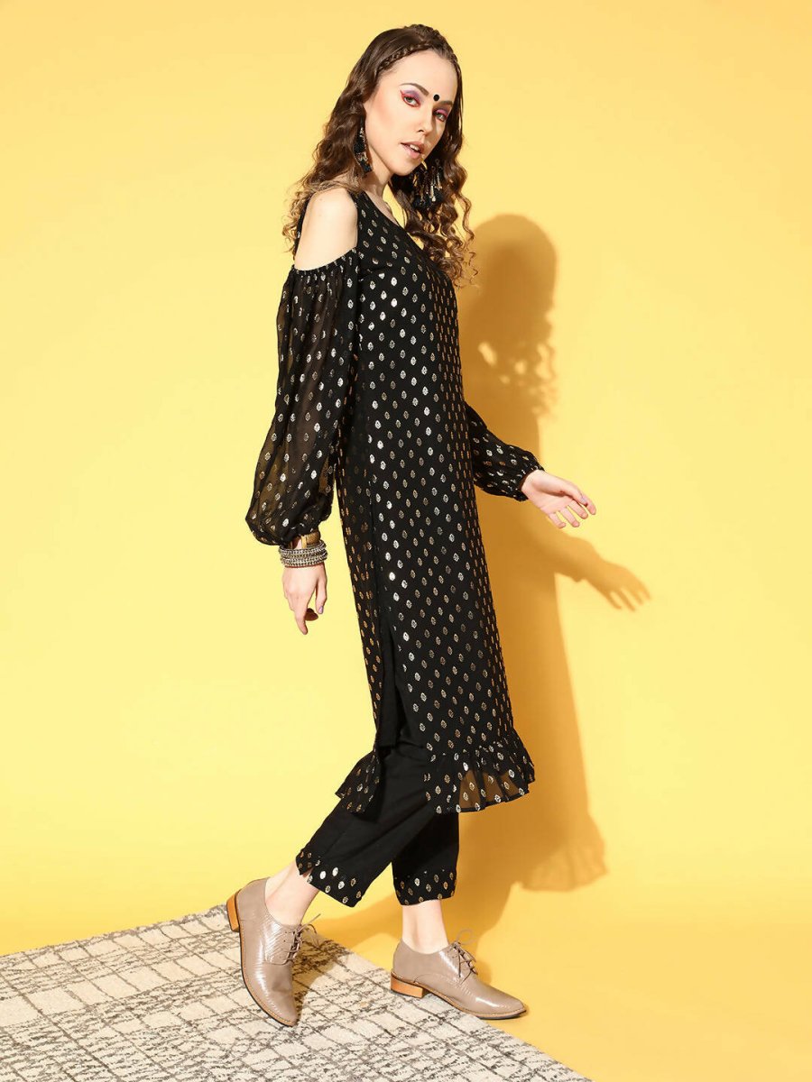 Ahalyaa Women Black Colour Georgette Gold Foil Printed Kurta Pant Set | Grocsy