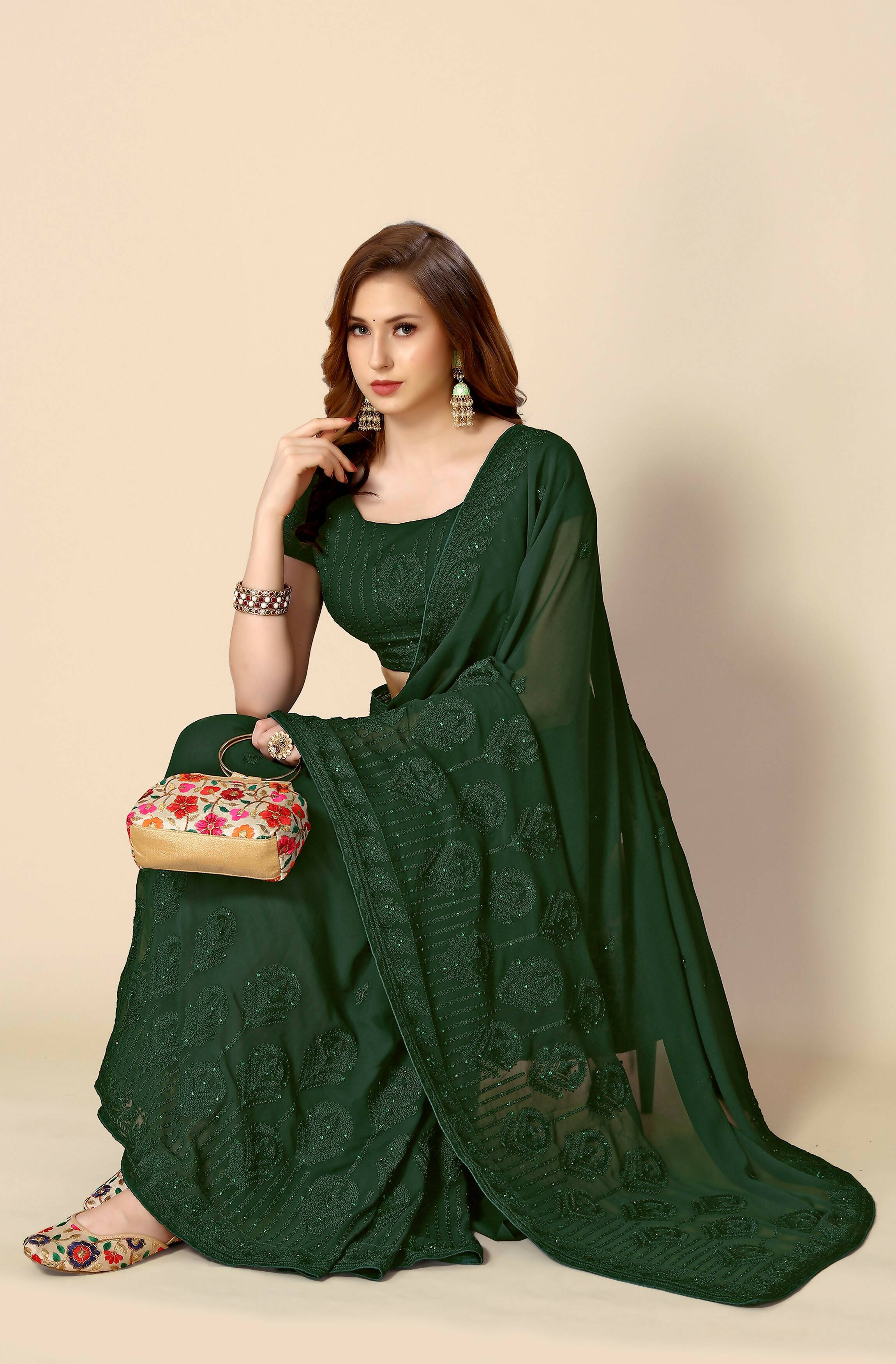 Green Georgette Embroidered and Stone Work Saree with Unstitched Blouse Piece - Roozal | Grocsy