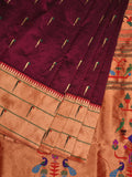 Wine Paithani Silk Handloom Saree with Pallu and Triple Muniya Border Design - Global Threads | Grocsy