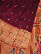 Wine Paithani Silk Handloom Saree with Pallu and Triple Muniya Border Design - Global Threads | Grocsy