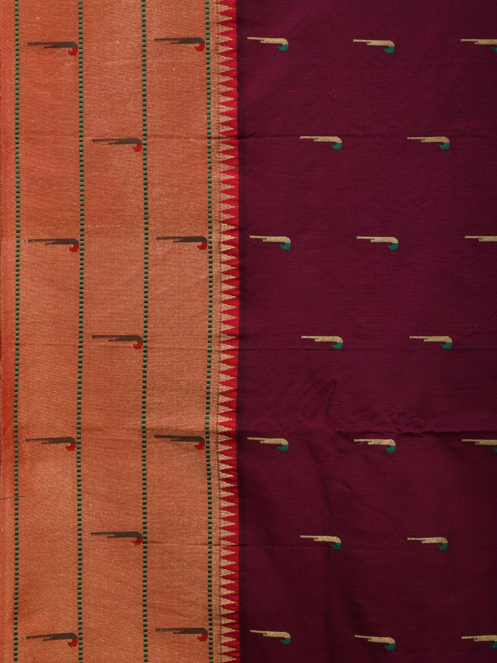 Wine Paithani Silk Handloom Saree with Pallu and Triple Muniya Border Design - Global Threads | Grocsy