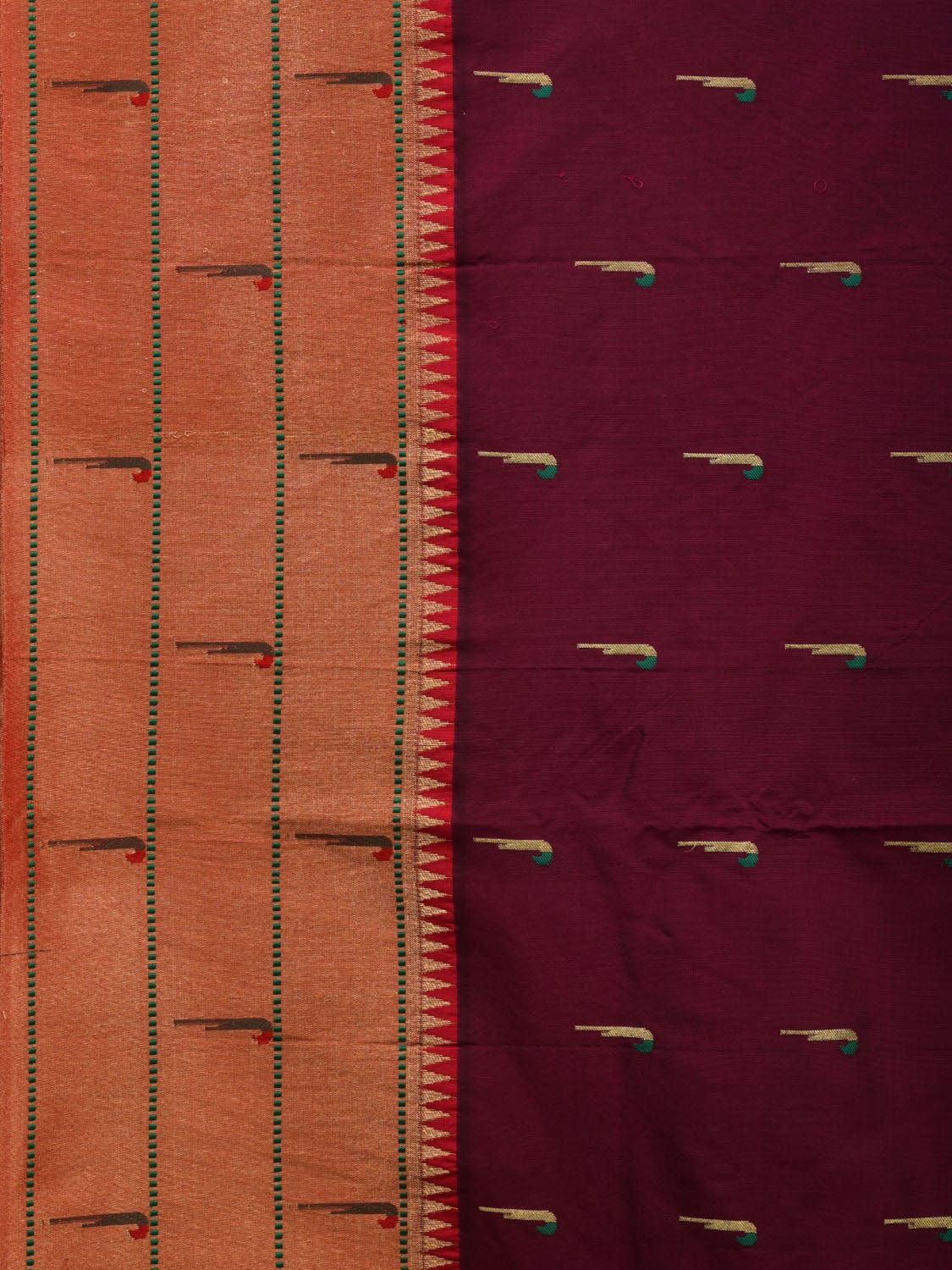 Wine Paithani Silk Handloom Saree with Pallu and Triple Muniya Border Design - Global Threads | Grocsy