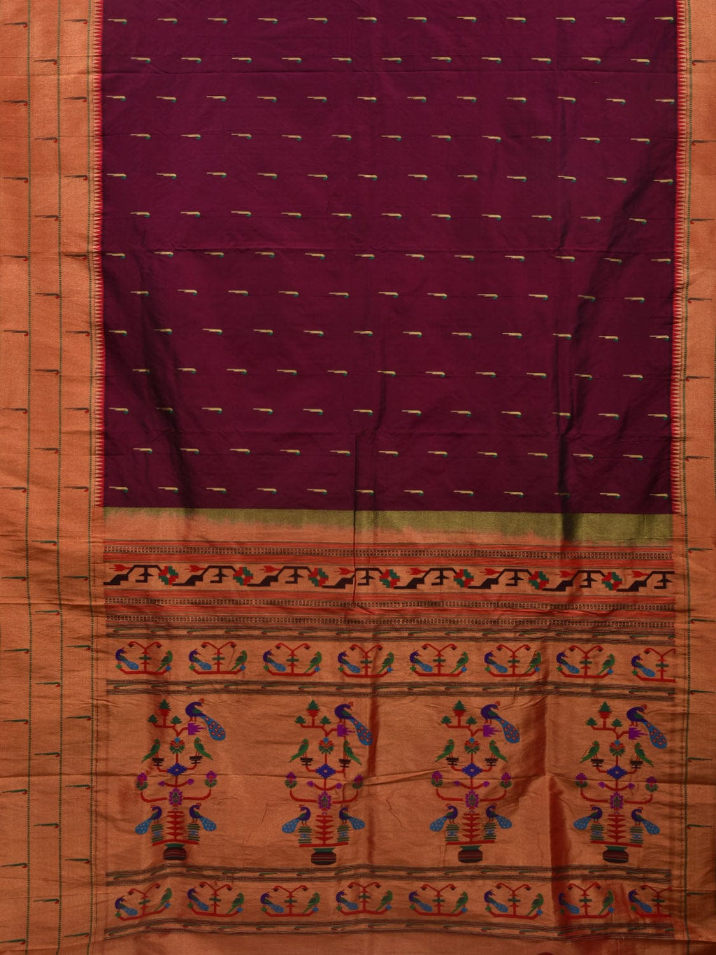 Wine Paithani Silk Handloom Saree with Pallu and Triple Muniya Border Design - Global Threads | Grocsy