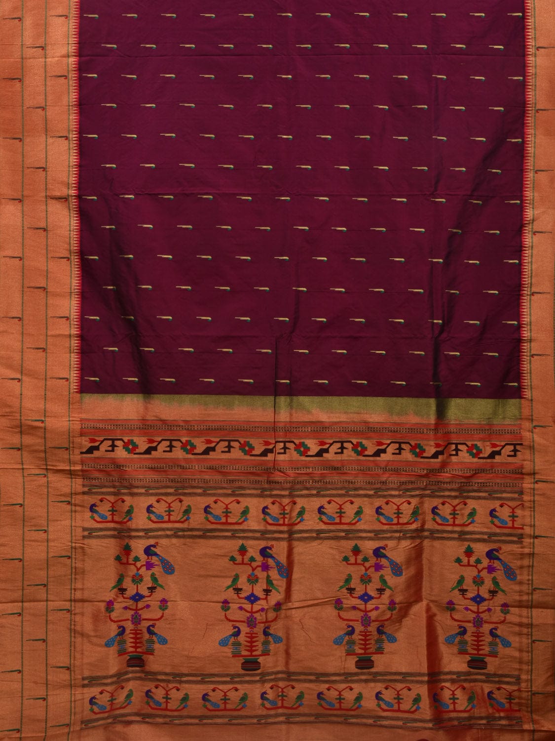Wine Paithani Silk Handloom Saree with Pallu and Triple Muniya Border Design - Global Threads | Grocsy