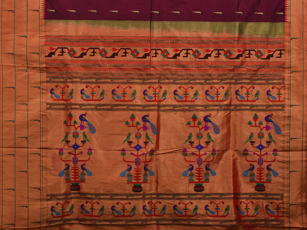Wine Paithani Silk Handloom Saree with Pallu and Triple Muniya Border Design - Global Threads | Grocsy