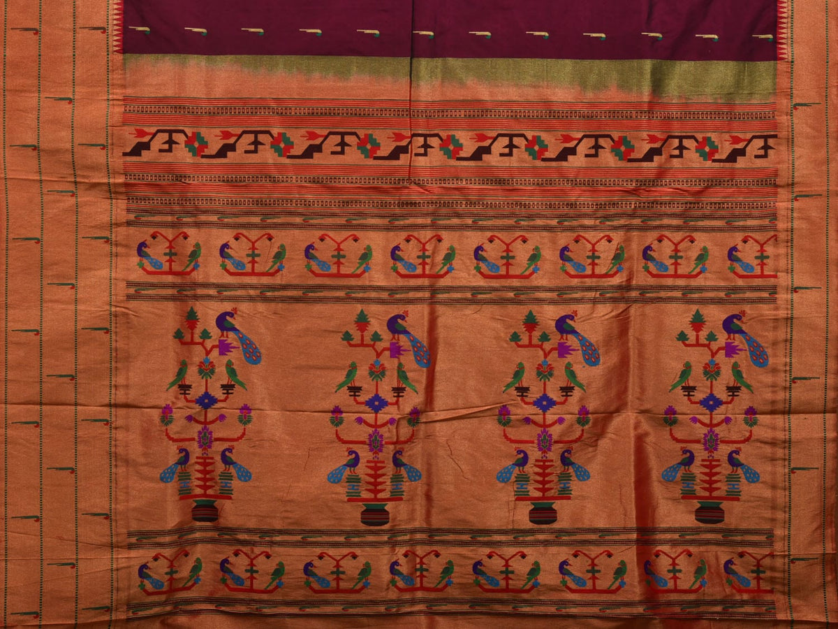 Wine Paithani Silk Handloom Saree with Pallu and Triple Muniya Border Design - Global Threads | Grocsy